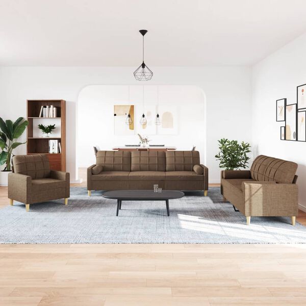 vidaXL Sofos komplektas su pagalvėmis, 3 dalių, rudas, audinys