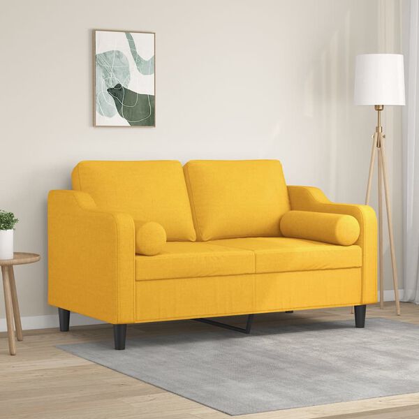 vidaXL Dvivietė sofa su pagalvėmis, &scaron;viesiai geltona, 120cm, audinys