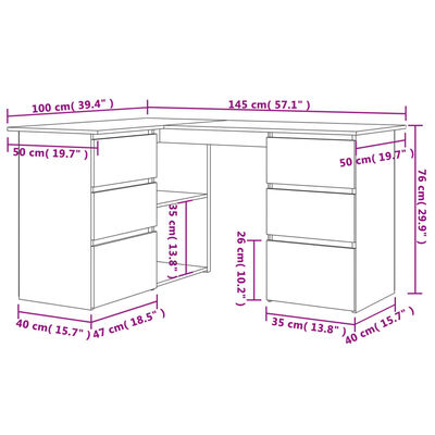 vidaXL Kampinis rašomasis stalas, baltas, 145x100x76cm, mediena