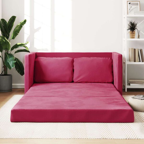 vidaXL Grindų sofa-lova, 2-1, raudonojo vyno, 122x204x55cm, aksomas
