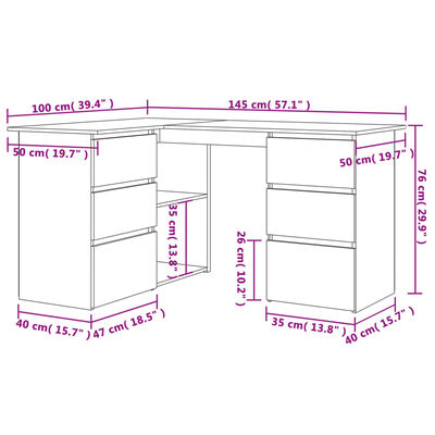 vidaXL Kampinis rašomasis stalas, pilkos spalvos, 145x100x76cm, MDP