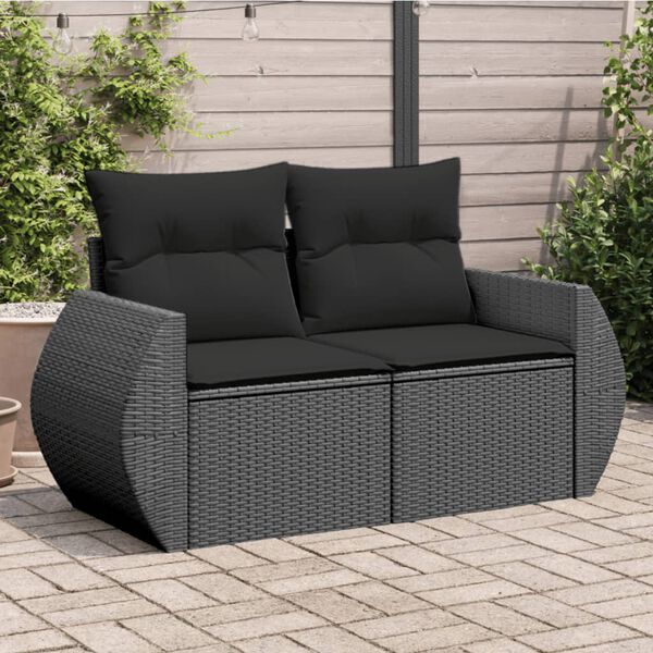 vidaXL Sodo sofa su pagalvėlėmis, dvivietė, juoda, polirotangas