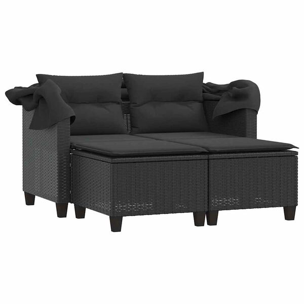 vidaXL Dvivietė sodo sofa su skliautu/taburetėmis, juoda, poliratanas