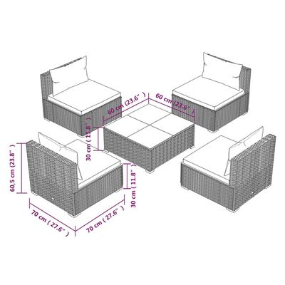vidaXL Sodo komplektas su pagalvėlėmis, 5 dalių, pilkas, poliratanas