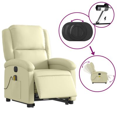 vidaXL Atsistojantis elektrinis masažinis krėslas, kreminis, tikra oda