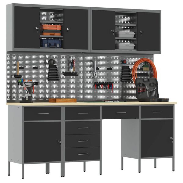 vidaXL Darbo spinta 10 pcs Juoda Inžinerinė mediena ir plienas