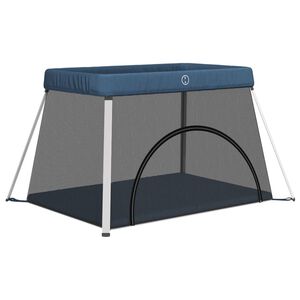 vidaXL Kūdikio maniežas su čiužiniu, tamsiai mėlynas, lininis audinys