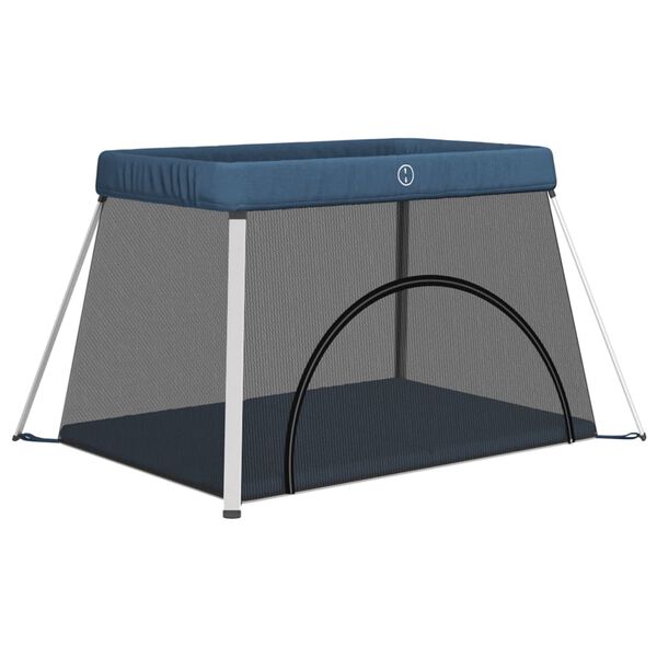 vidaXL Kūdikio maniežas su čiužiniu, tamsiai mėlynas, lininis audinys