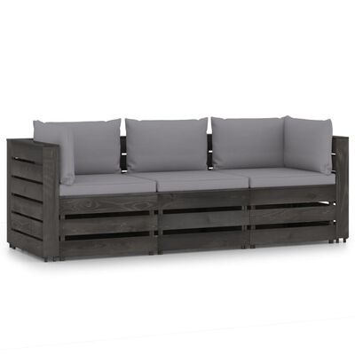 vidaXL Trivietė sodo sofa su pagalvėlėmis, pilkai impregnuota mediena