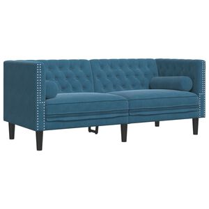 vidaXL Dvivietė chesterfield sofa su pagalvėlėmis, mėlyna, aksomas