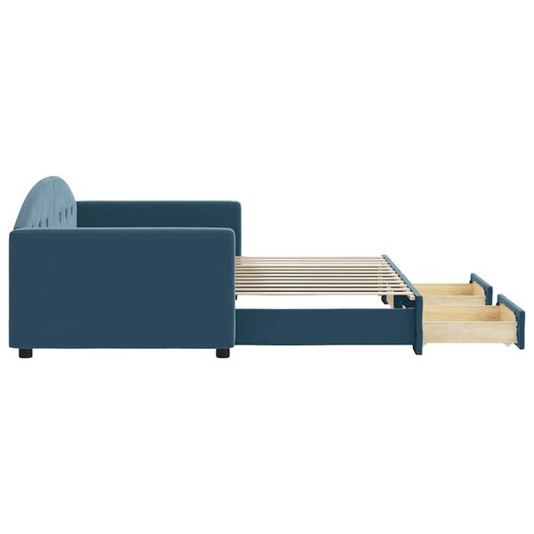 vidaXL Lova su i&scaron;traukiama dalimi/stalčiais, mėlyna, 90x200cm, aksomas