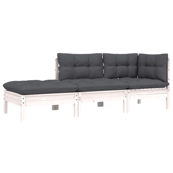 vidaXL Sodo komplektas su pagalvėmis, 3 dalių, baltas, pušies mediena