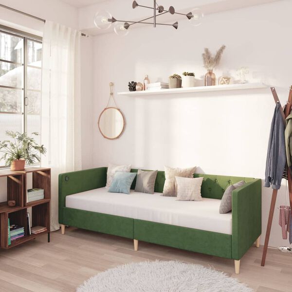 vidaXL Lova su USB i&scaron;vestimi, tamsiai žalia, 90x200cm, audinys