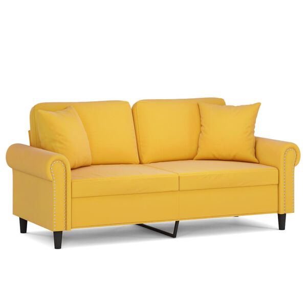 vidaXL Dvivietė sofa su pagalvėmis, &scaron;viesiai geltona, 140cm, aksomas