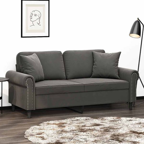 vidaXL Dvivietė sofa su pagalvėmis, tamsiai pilka, 140cm, aksomas