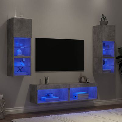 vidaXL Sieninė TV sekcija su LED, 6 dalių, betono, apdirbta mediena
