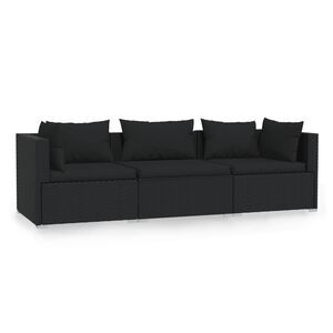 vidaXL Trivietė sofa su pagalvėlėmis, juodos spalvos, poliratanas
