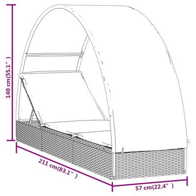 vidaXL Saulės gultas su stogu, pilkas, 211x57x140cm, poliratanas