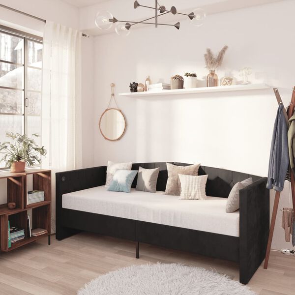 vidaXL Lova su čiužiniu ir USB i&scaron;vestimi, juoda, 90x200cm, aksomas