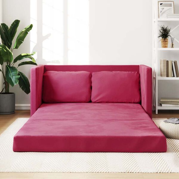 vidaXL Grindų sofa-lova, 2-1, raudonojo vyno, 122x204x55cm, aksomas
