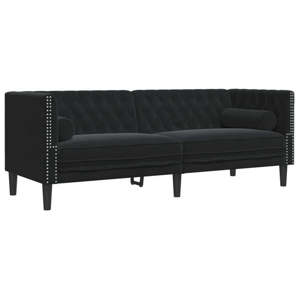 vidaXL Trivietė chesterfield sofa su pagalvėlėmis, juoda, aksomas