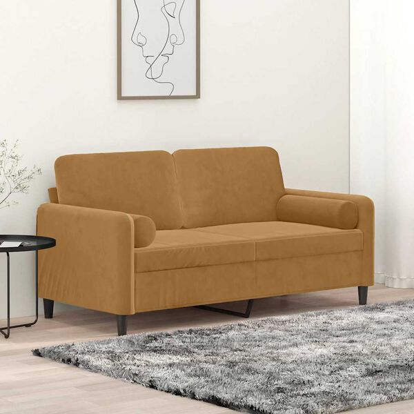 vidaXL Dvivietė sofa su pagalvėlėmis, rudos spalvos, 140cm, aksomas