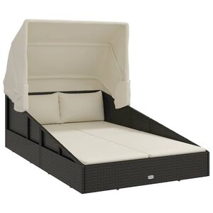 vidaXL Saulės gultas su stogeliu, juodas, 200x114x128cm, poliratanas