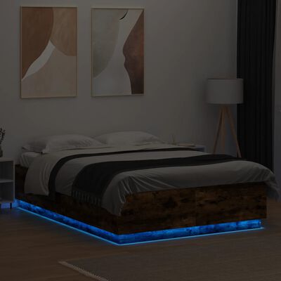 vidaXL Lovos rėmas su LED, dūminio ąžuolo, 120x200cm, apdirbta mediena
