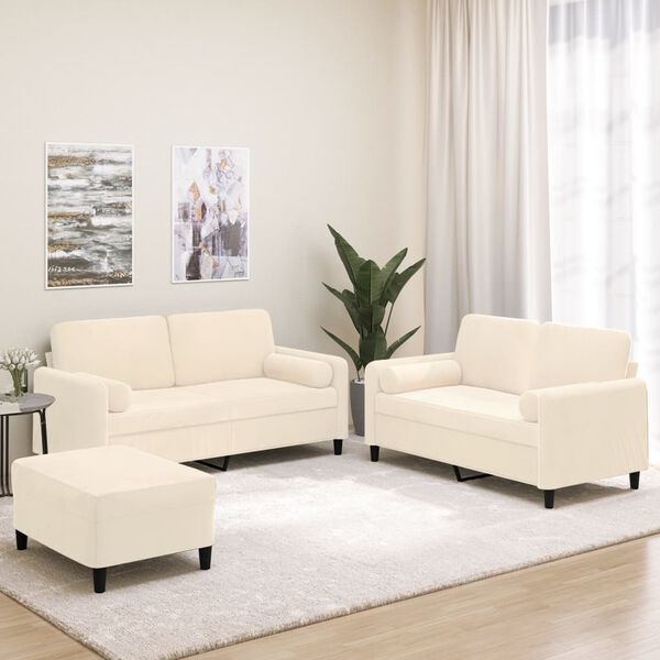 vidaXL Sofos komplektas su pagalvėmis, 3 dalių, kreminis, aksomas