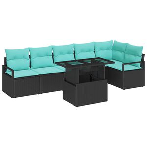 vidaXL Sodo Sofų Rinkinys su pagalve 7 pcs Juoda ir mėlyna poliratanas
