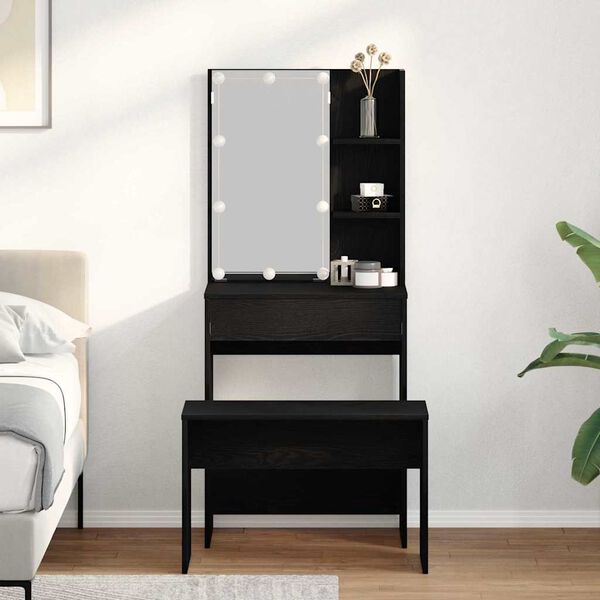 vidaXL LED makiažo stalo komplektas su stalčių 2 pcs Juodas ąžuolas