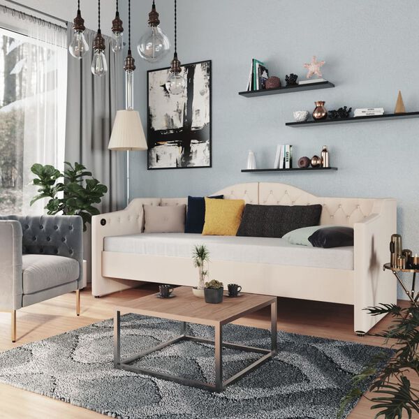 vidaXL Lova su čiužiniu ir USB i&scaron;vestimi, kreminė, 90x200cm, audinys