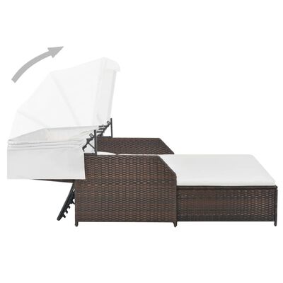 vidaXL Dvivietis saulės gultas su stogeliu, rudas, poliratanas
