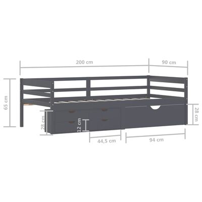 vidaXL Lovos rėmas su stalčiais ir spintele, pilkas, 90x200cm, pušis
