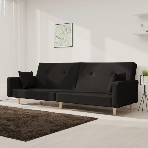 vidaXL Dvivietė sofa-lova su dvejomis pagalvėmis, juoda, audinys