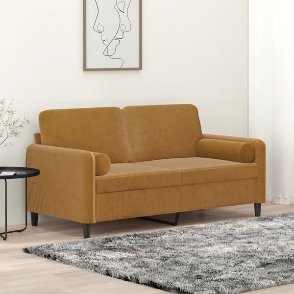 vidaXL Dvivietė sofa su pagalvėmis, rudos spalvos, 140cm, aksomas