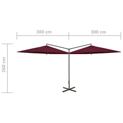 vidaXL Dvigubas skėtis su plieniniu stulpu, vyšninės spalvos, 600cm