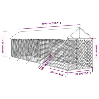 vidaXL Lauko voljeras šunims su stogu, sidabrinis, 2x10x2,5m, plienas