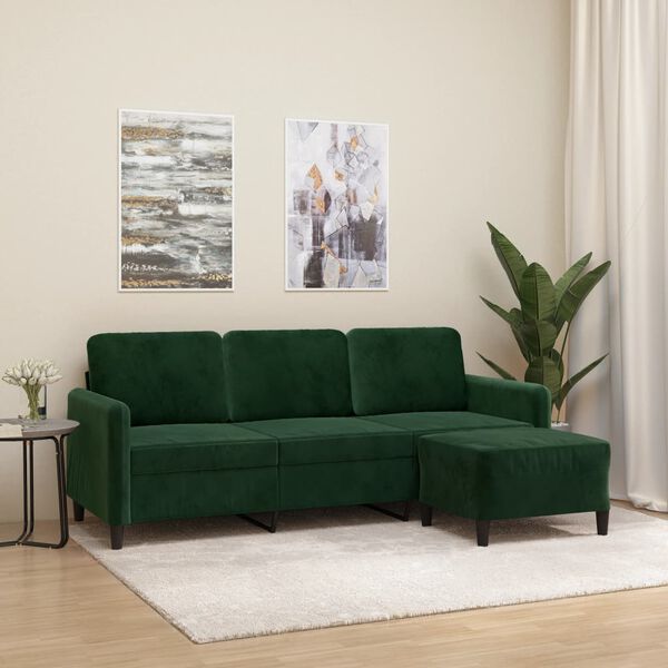 vidaXL Trivietė sofa su pakoja, tamsiai žalios spalvos, 180cm, aksomas