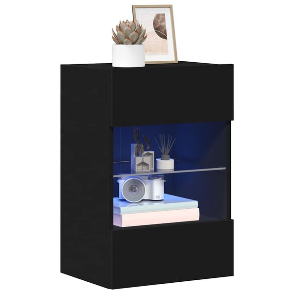 vidaXL Sieninės spintelės su LED apšvietimu televizoriui, 2vnt., juodos, 40x30x60,5cm