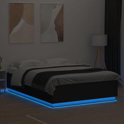 vidaXL Lovos rėmas su LED, juodas, 150x200cm, apdirbta mediena