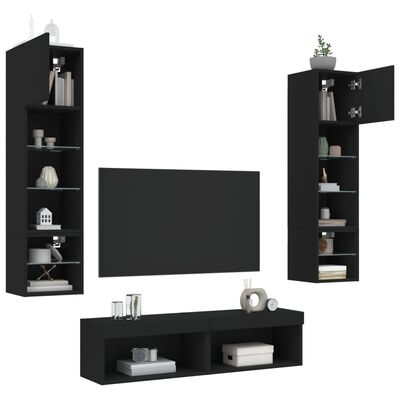 vidaXL Sieninė TV sekcija su LED, 6 dalių, juoda, apdirbta mediena