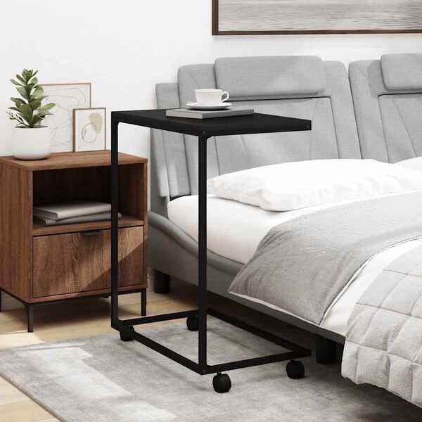 vidaXL &Scaron;oninis staliukas su ratukais, juodas, 55x35x70cm, mediena