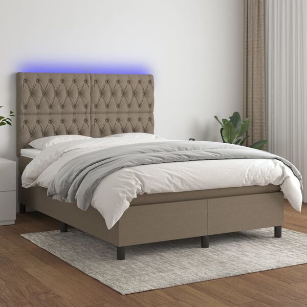 vidaXL Lova su spyruoklėmis/čiužiniu/LED, taupe, 140x190 cm, audinys