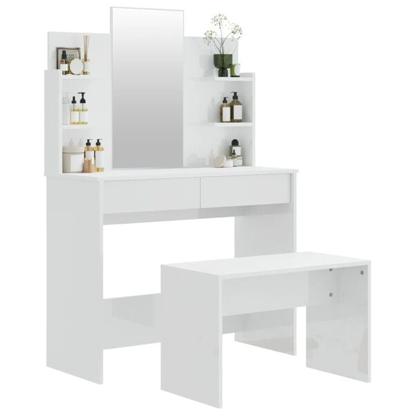 vidaXL Kosmetinio staliuko komplektas, baltas, 96x40x142cm, blizgus