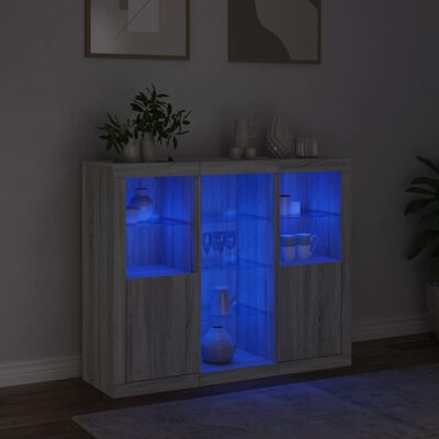 vidaXL Šoninės spintelės su LED, 3vnt., pilkos ąžuolo, mediena