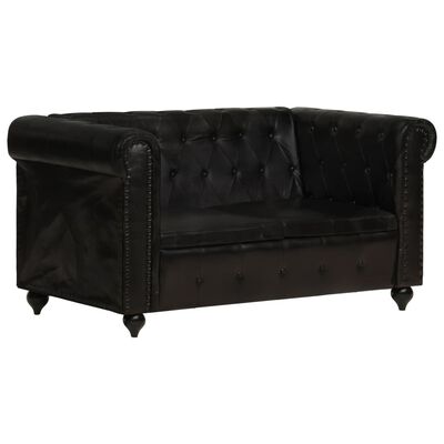 vidaXL Dvivietė chesterfield sofa, juodos spalvos, tikra oda