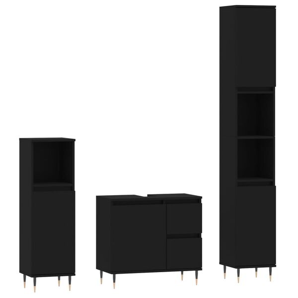 vidaXL Vonios baldų komplektas, 3 dalių, juodas, apdirbta mediena