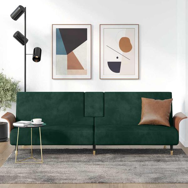 vidaXL Sofa-lova su puodelių laikikliais, tamsiai žalia, aksomas