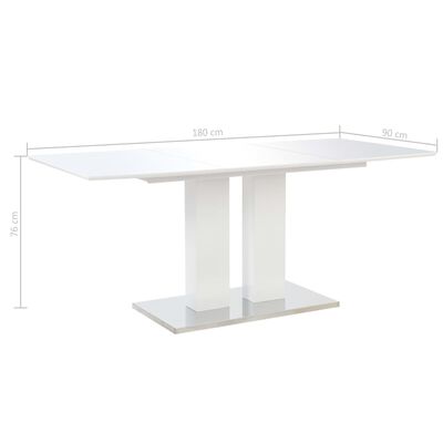 vidaXL Valgomojo stalas, baltas, 180x90x76cm, MDF, labai blizgus